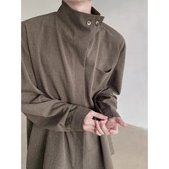 Threebooy French Button Stand Collar Korean Style High Collar Trendy Top Shirt Retro Loose Shirt Casual