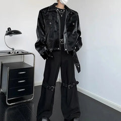Threebooy Y2K Mens Jacket Crocodile Pattern Shoulder Pads Leather Jacket Autumn Casual Breathable Youthful Retro Top Men's Clothing