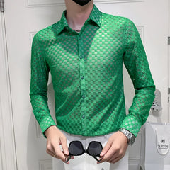 Threebooy Men's Summer Hollow Out Lace Long Sleeve Shirts/Male Slim Fit High Quality Lapel Fashion Shirt Sexy Nightclub Shirt 4XL
