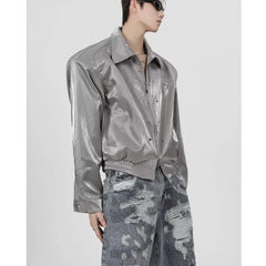 Threebooy HIP HOP 90s Streetwear Metal high street padded shoulder jacket men short style loose collar jacket