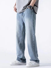 Threebooy Spring Autumn Men's Jeans Straight Denim Pants Banding Waist Cotton Streetwear Wide Leg Loose Casual Blue Long Jeans Trousers