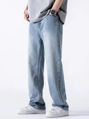 Threebooy Spring Autumn Men's Jeans Straight Denim Pants Banding Waist Cotton Streetwear Wide Leg Loose Casual Blue Long Jeans Trousers