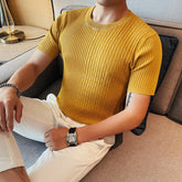 Threebooy High End Luxury Jacquard Knitted Short Sleeve Men's Summer Trend Thin Round Neck T-shirt Men's Slim Short Sleeve Tees 4XL