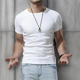 Threebooy Men's Round Neck Short Sleeve T-shirt Soft Knit Elastic Slim Fit Show Muscle Lines Black Gray White Fashion Casual Top