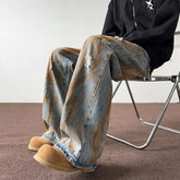 Threebooy Men's Tie Dye Ripped Jeans Men's Loose Straight Leg Washed Distressed High Street American Men's Pants