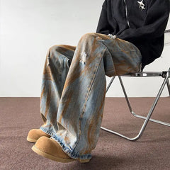 Threebooy Men's Tie Dye Ripped Jeans Men's Loose Straight Leg Washed Distressed High Street American Men's Pants