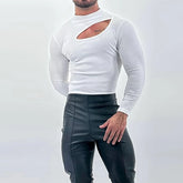 Threebooy Autumn Clothing Men's Bodysuits Hollow Out Turtleneck Long Sleeve T Shirt Streetwear Sexy Solid Color Ripped Fashion Basic Shirt