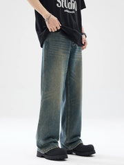 Threebooy Autumn New Baggy Straight Jeans Men Full Length Washed Distressed Denim Pants High Street Korean Streetwear Male Trousers Black