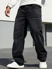 Threebooy Men's Classic Straight-Leg Jeans - Cotton Blend, Dark Blue Denim, Non-Stretch, All-Season Wear, Comfort Fit with Slant Pockets
