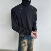 Threebooy Rivet High Collar White Y2k Long-Sleeved T-Shirt Mens Spring And Autumn Street Fashion Casual Inner Bottoming Shirt Pullover Top