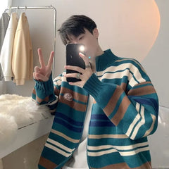 Threebooy Autumn Clothing Men's Light Luxury Knitted Cardigan Sweatercoat Korean Vintage Zipper Striped Long Sleeve Knitwear New