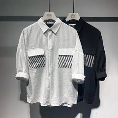 Threebooy Y2K Mens Shirt Patchwork Striped Pocket Short Sleeved Shirt Summer Casual Tassel Sequin Fashion Japanese Top Men's Clothing