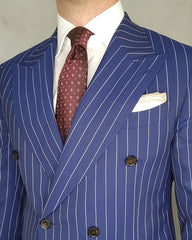 Threebooy Navy Blue Men's Suit 2 Pieces Blazer Pants Double Breasted Peaked Lapel Pinstripes Business Modern Wedding Groom