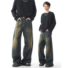 Threebooy Autumn Vintage Distressed Men's Baggy Straight Jeans Fashion High Street Denim Pants Streetwear Male Trousers