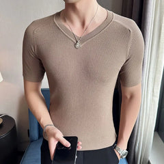 Threebooy Men's Summer Fashion Casual V-neck Knitted T-shirt/Male Slim Fit High Quality Tees