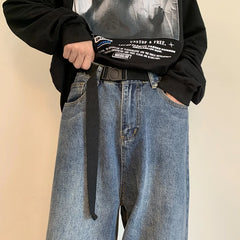 Threebooy Autumn New Blue Solid Simple Jeans With Belt Male Casual Mopping Denim Pants Men Oversized Zipper Wide Leg Jean Pants