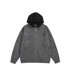 Threebooy Elegant Versatile Long Sleeve Angora Hooded Zip-Up Cardigan Sweater Street Style Color Blocking