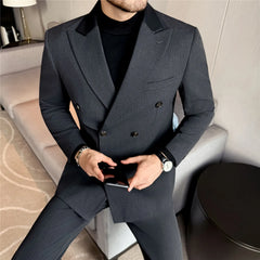 Threebooy High-quality men's two-piece set, spring and autumn thick double-breasted striped patchwork suit business casual suit set