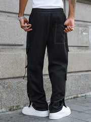 Threebooy Men's Street Style Multi-Pocket Work Trousers Loose Straight Leg Casual Urban Fashion Suitable for All Seasons