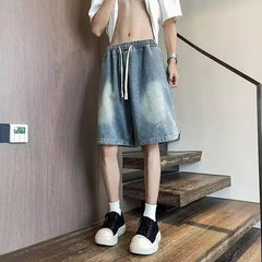 Threebooy Summer Men's Straight Drawstring Denim Shorts Elastic Waist Washed Loose Short Jeans Stretch Hip Hop Clothing Male Shorts