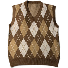 Threebooy Spring Autumn Diamond Grid Candle Knitted Vest Men Women Loose Pullover Retro Outer Sleeveless Sweater Vest Aesthetic