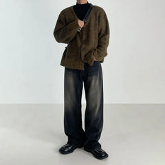 Threebooy Retro washed drooping thick denim jeans men's autumn winter new Korean version loose wide leg straight leg pants