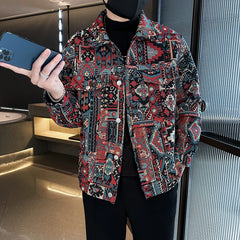 Threebooy Men Spring High Quality Printed Casual Denim Jackets/Male Jacquard Denim Jackets Man Slim Fit Coats