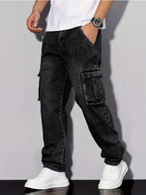 Threebooy Men's Loose Fit Washed Denim Cargo Pants with Large Pockets, Street Style Casual Jeans Suitable for Casual Wear