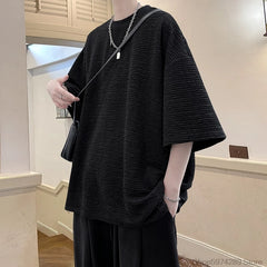 Threebooy Summer Striped Texture T Shirt Men Korean Style Short Sleeve Loose Fashion Casual Easy-care Tshirt Oversized shirts for men