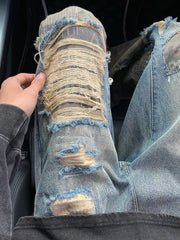 Threebooy High Street Denim Pants Camouflage Spliced Micro Flare Jeans Unisex Hip Hop Straight-Ripped Breasted Punk Trousers