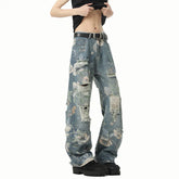 Threebooy Distressed Straight Leg Jeans Ripped Hole Design Urban Streetwear Fashion Men Denim Pants Trendy Casual Edgy Hiphop Style