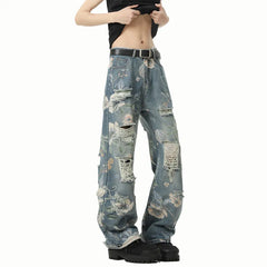Threebooy Distressed Straight Leg Jeans Ripped Hole Design Urban Streetwear Fashion Men Denim Pants Trendy Casual Edgy Hiphop Style