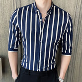 Threebooy Summer New Slim Fit 3/4 Sleeve Men Striped Shirt Korean Fashion Button Up Harajuku Blouse