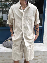 Threebooy American Style Cotton Linen Casual Sports Set Men Loose Workwear Short Sleeve Shirt Linen Breathable Five-Quarter Shorts Two-...