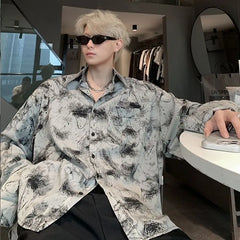 Threebooy Tie-dye Retro Long-sleeved Floral Shirts for Men and Women Handsome High-end Shirts Niche Design Jackets Shirts