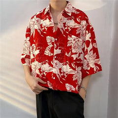 Threebooy Retro American Japanese Cuban Collar Shirt Men's Short-sleeved Summer Hong Kong Style Handsome Loose