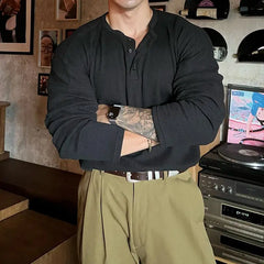 Threebooy Vintage Trend Fashion Men T-Shirts Spring Autumn New Solid O-Neck Button Waffler Elastic Quick Dry Casual Loose Long Sleeve Tops