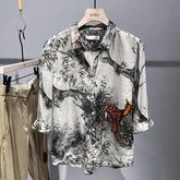 Threebooy Mens Shirt Printed Animal Ink Painting Thin Shirt Summer Men's Short Sleeved Casual Shirt Handsome Blouse Men's Clothing
