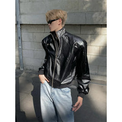 Threebooy 90s Streetwear Fashion Leather Jacket Men's Retro Design High-end Shoulder Pad Motorcycle Short Jacket Top