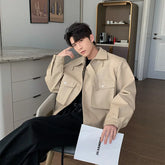Threebooy Spring Autumn Leather Jacket Men's Short Style Trendy Handsome High Street Jacket Men's Shoulder Pad Design Motorcycle Top