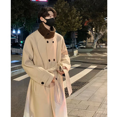 Threebooy Men's Lamb wool Patchwork Woolen Overcoat Men High-end Stand Collar Casual Loose Korean Style Winter New Elegant Trench Coat