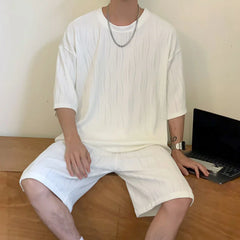 Threebooy Summer Pleated Sets Men Fashion 3-color Casual Ice Silk Sets Mens Loose Casual Short-sleeved T-shirt/Shorts Two-piece Set Men