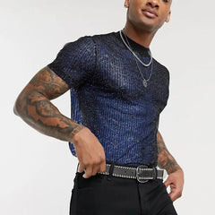 Threebooy Men's Short Sleeve Mesh T Shirt Sheer Slim Fit Shiny Sexy See-through Party Nightclub Thin Breathable Clothing Leisure Tees