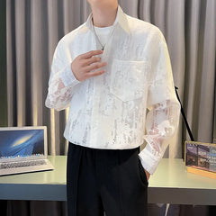 Threebooy Summer Fashion White Mesh Shirt Men Transparent Printing Casual Loose Long Sleeve Tops Streetwear Lapel Party Clubwear Tops