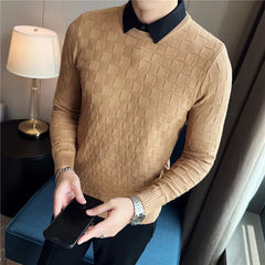 Threebooy Fake 2 piece Shirt Collar Casual Knitting Sweaters/Male Slim Fashion Round Collar Pullover/Men Jacquard Plaid Knit Shirt