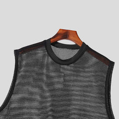 Threebooy Summer Men's Clothing Luxury Knit Hollw Out Tank Tops O Neck Sleeveless Mesh Sexy Solid Color Party Vest Breathable Knitwear