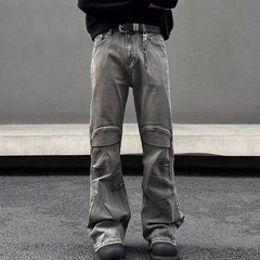 Threebooy Y2K Streetwear Vintage Grey Pleated Flare Jeans Pants For Men Designer Clothes Old Harajuku Luxury Goth Long Trousers