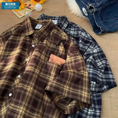 Threebooy Summer Men's Loose Checkered Short Sleeved Shirt Casual Elegant Turn Collar Half Sleeved Shirt Jacket