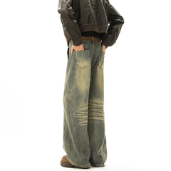 Threebooy Vintage Blue Men's Distressed Denim Pants Wide Leg Trousers Jeans Straight Loose Mopping Pants Streetwear Male Casual Fashion