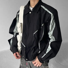 Threebooy Japanese Niche Patchwork Jacket Autumn Thin Lapel Zippered Coats for Men Loose High Streetwear Black Couple Motorcycle Outwear